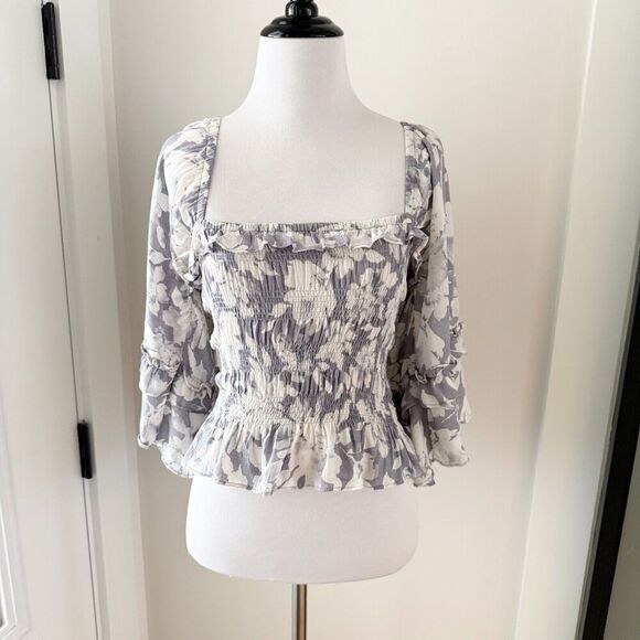 Mustard Seed Boho Floral Angel Wing Blouse Top Small Cropped Stretch - Picture 3 of 13